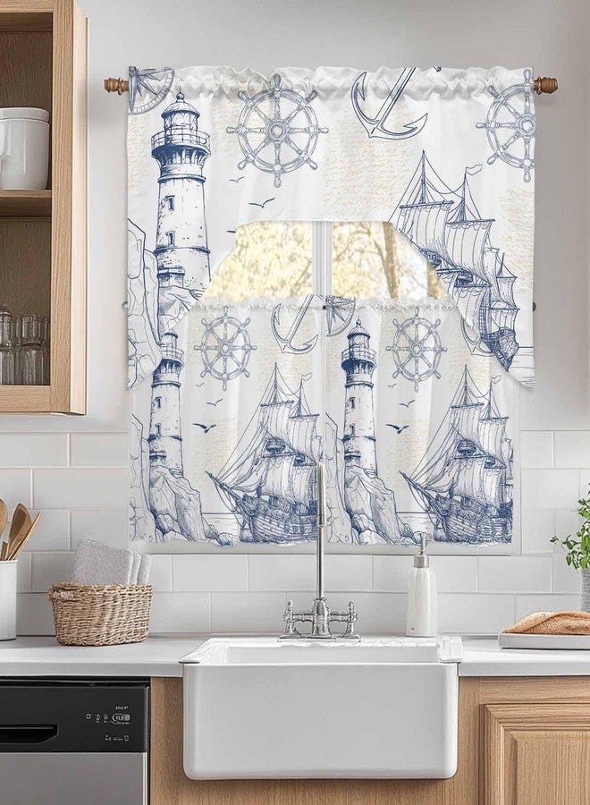 Jolunifun Retro Light-house Swag Kitchen Curtain Sets with Valance,3 Pieces Rod Pocket Curtain Drapes for Bedroom Bathroom Cafe Windows,Blue Ocean Coastal Nautical Anchor 56''x36''&24''x27.5''x2Panels - Image 2